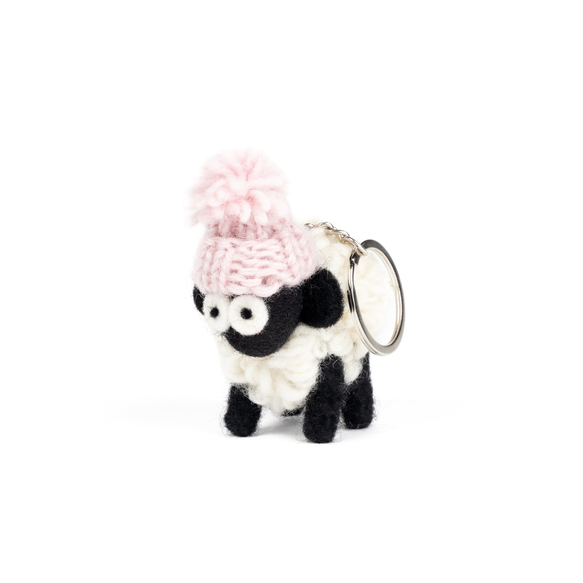 Knitted Sheep Keyring with Pink Bobble Hat