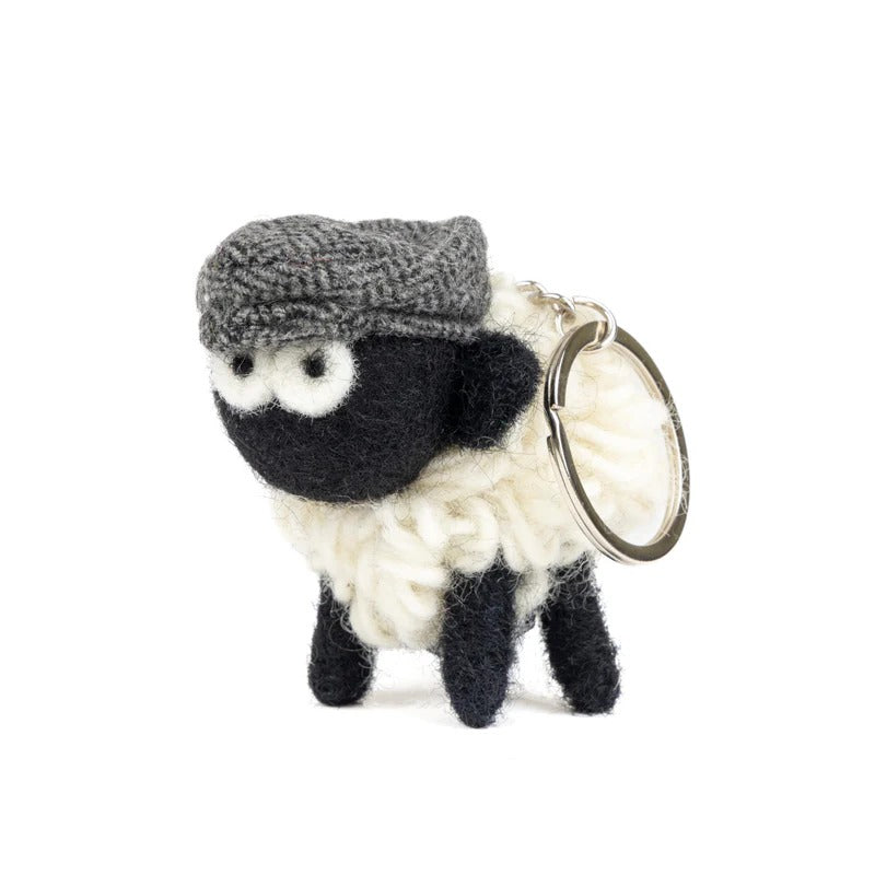 Knitted Sheep Keyring Mountain Blackface With Grey Tweed Flatcap