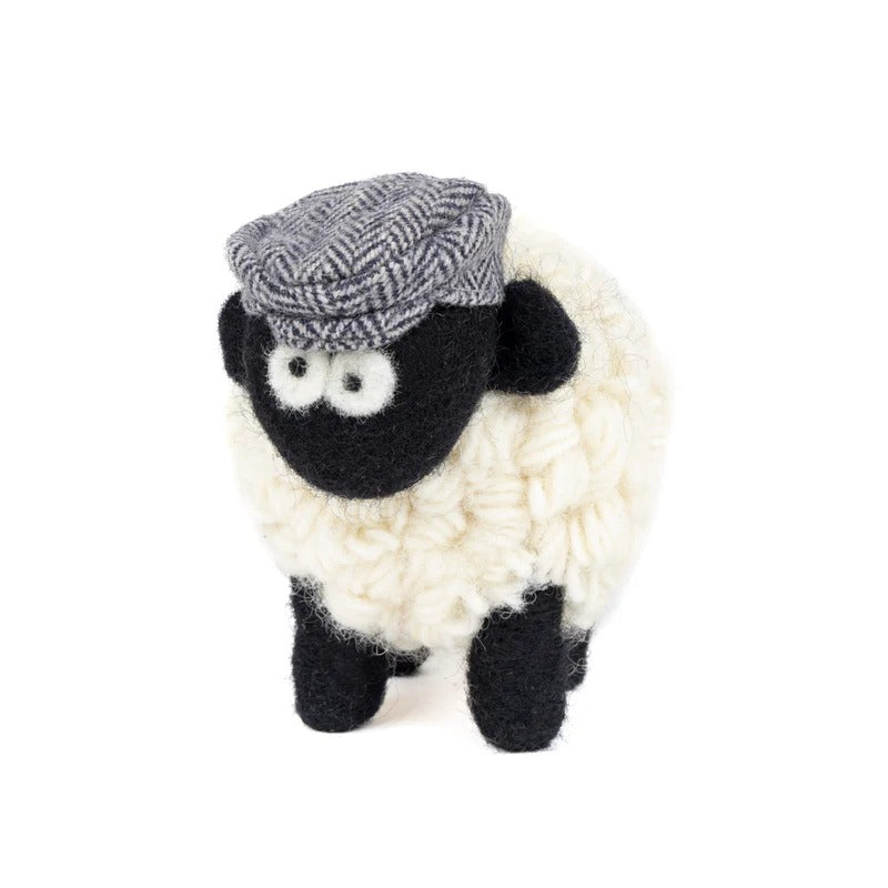 Knitted Sheep Collectible Mountain with Blue Flat Cap Medium