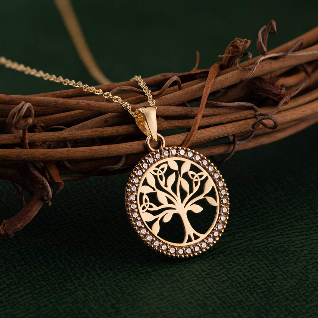 10K Gold Cz Round Celtic Tree Of Life Necklace