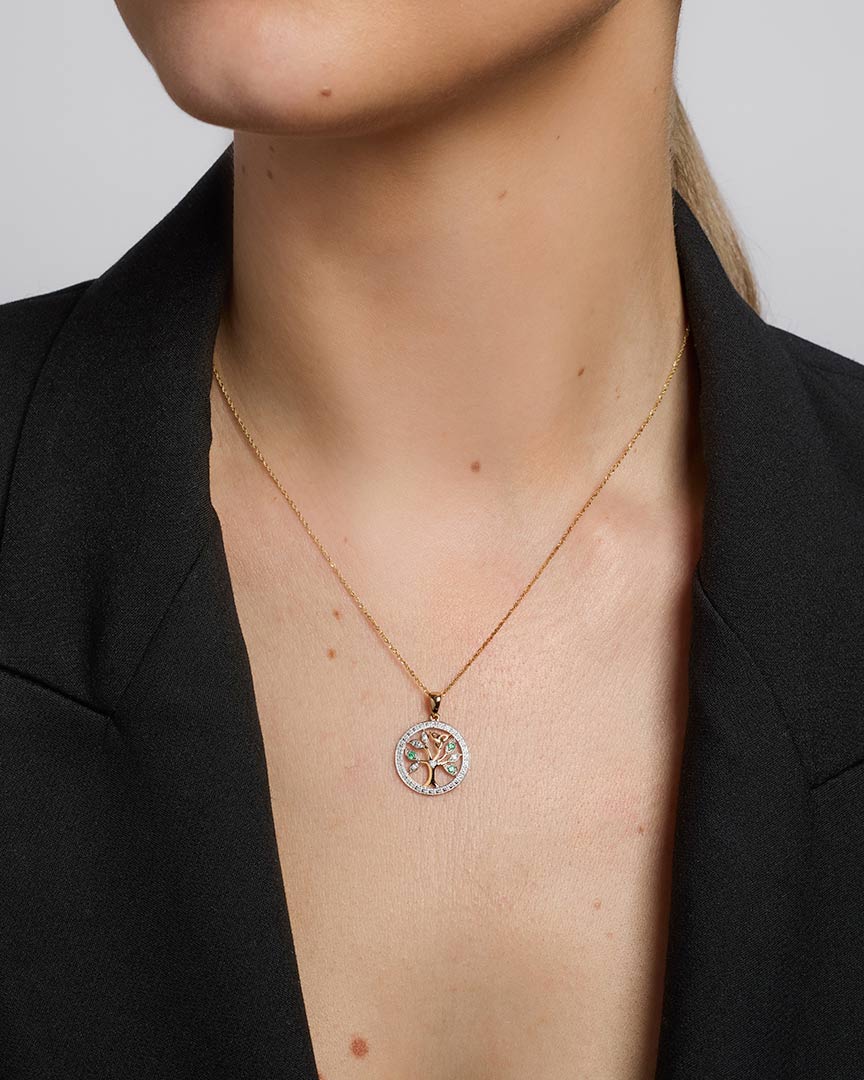 14K Gold Diamond And Emerald Celtic Tree Of Life Necklace