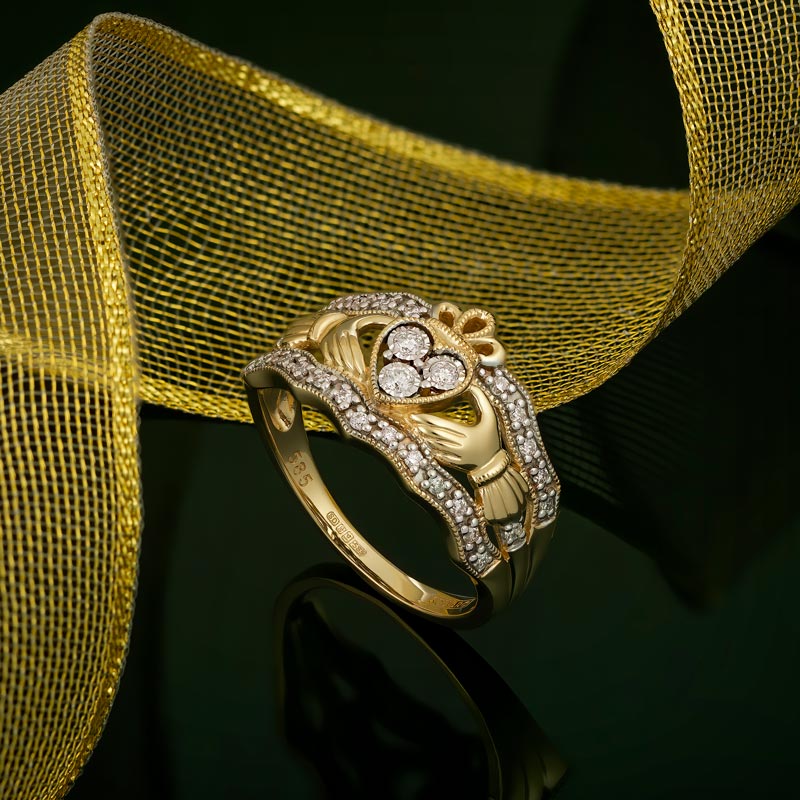 14K Gold Diamond Wide Claddagh Ring