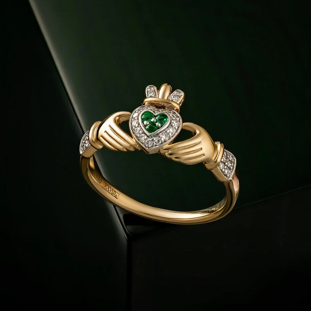 14K Gold Diamond & Emerald Set Claddagh Ring