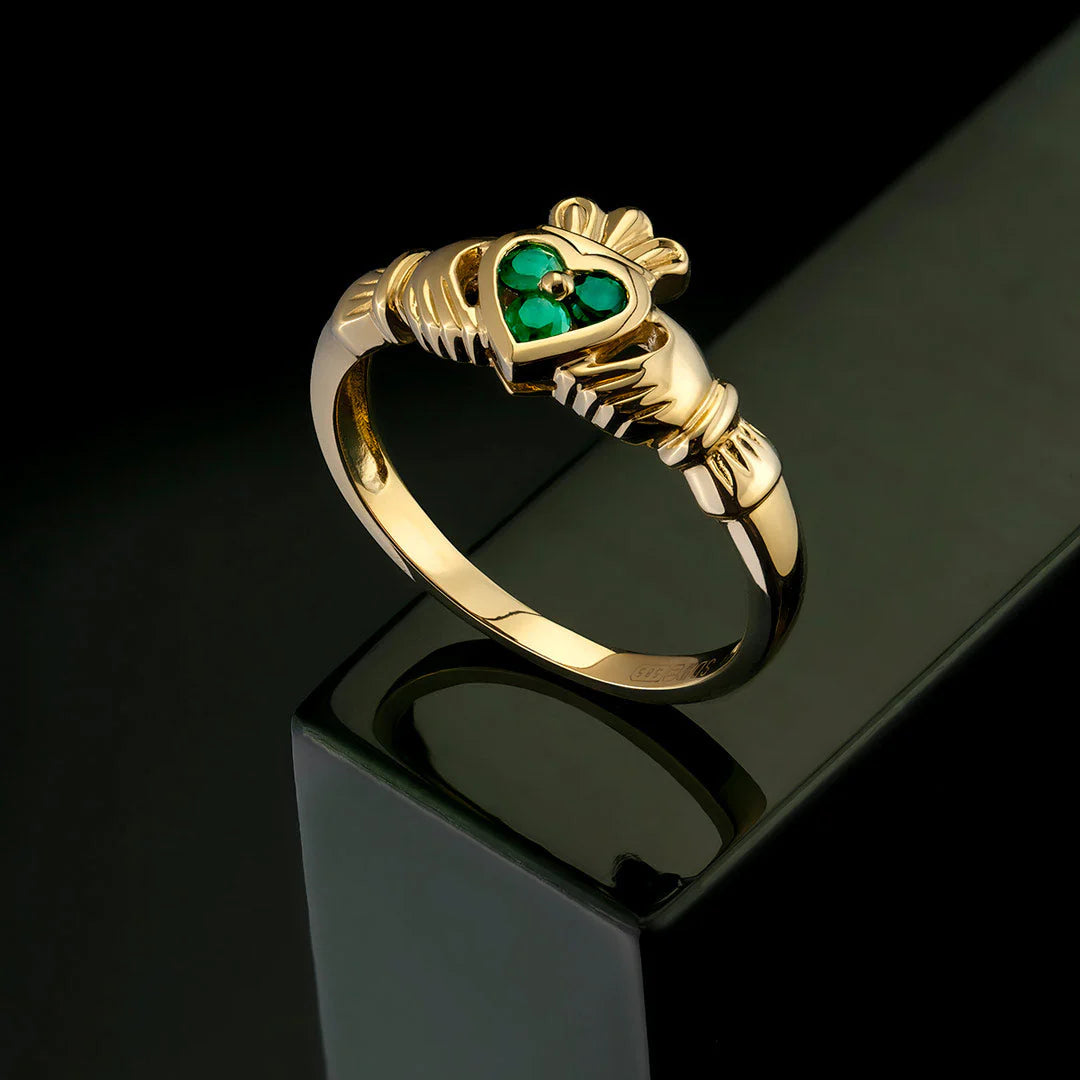14K Gold Emerald Claddagh Ring