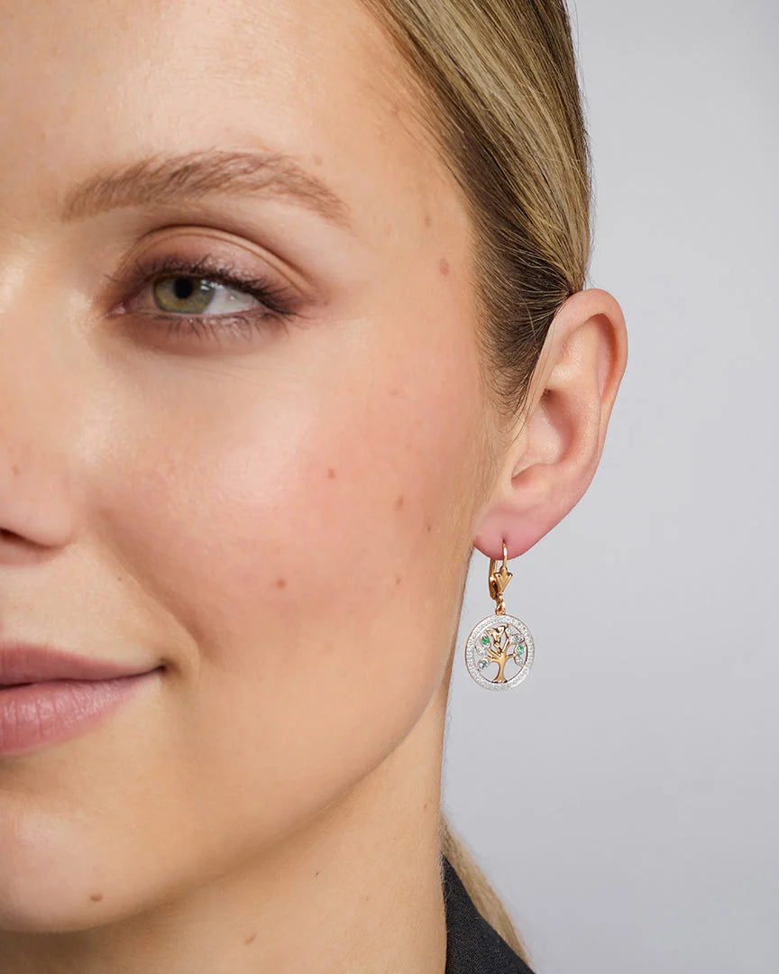 14K Gold Diamond & Emerald Irish Tree Of Life Earrings