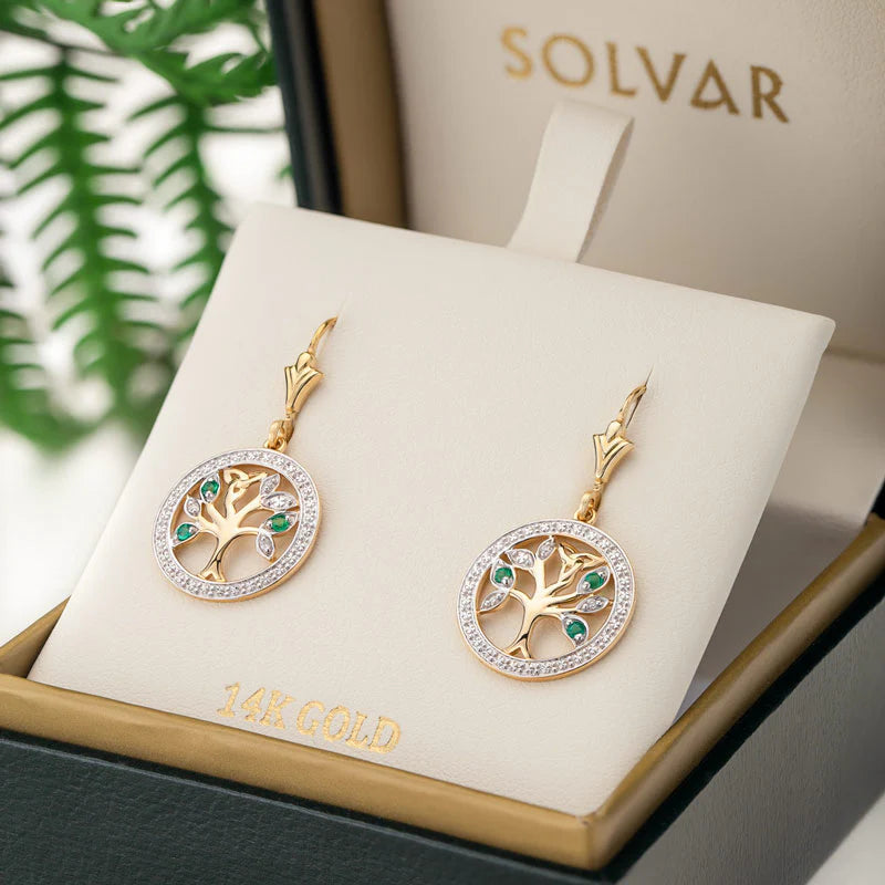 14K Gold Diamond & Emerald Irish Tree Of Life Earrings