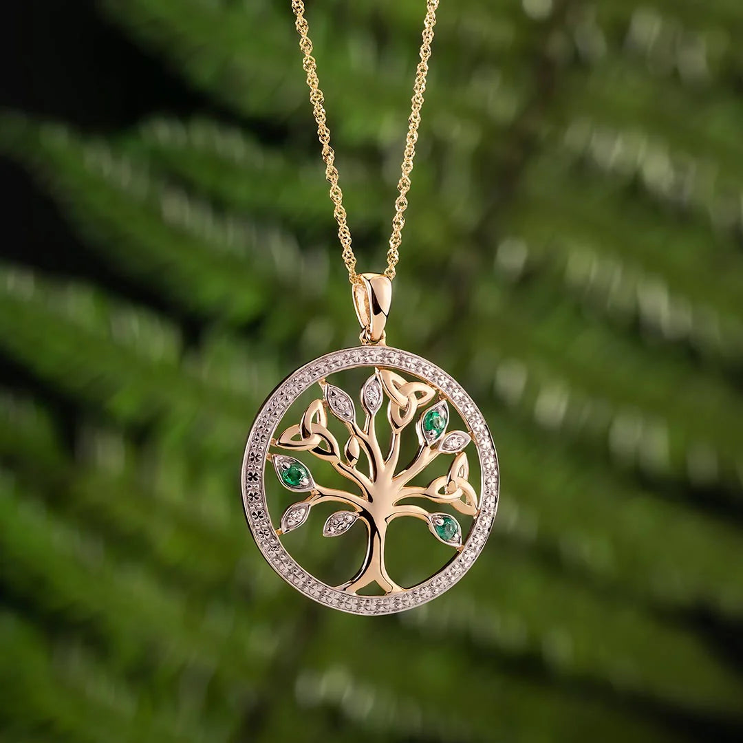 14K Gold Diamond & Emerald Irish Tree Of Life Necklace