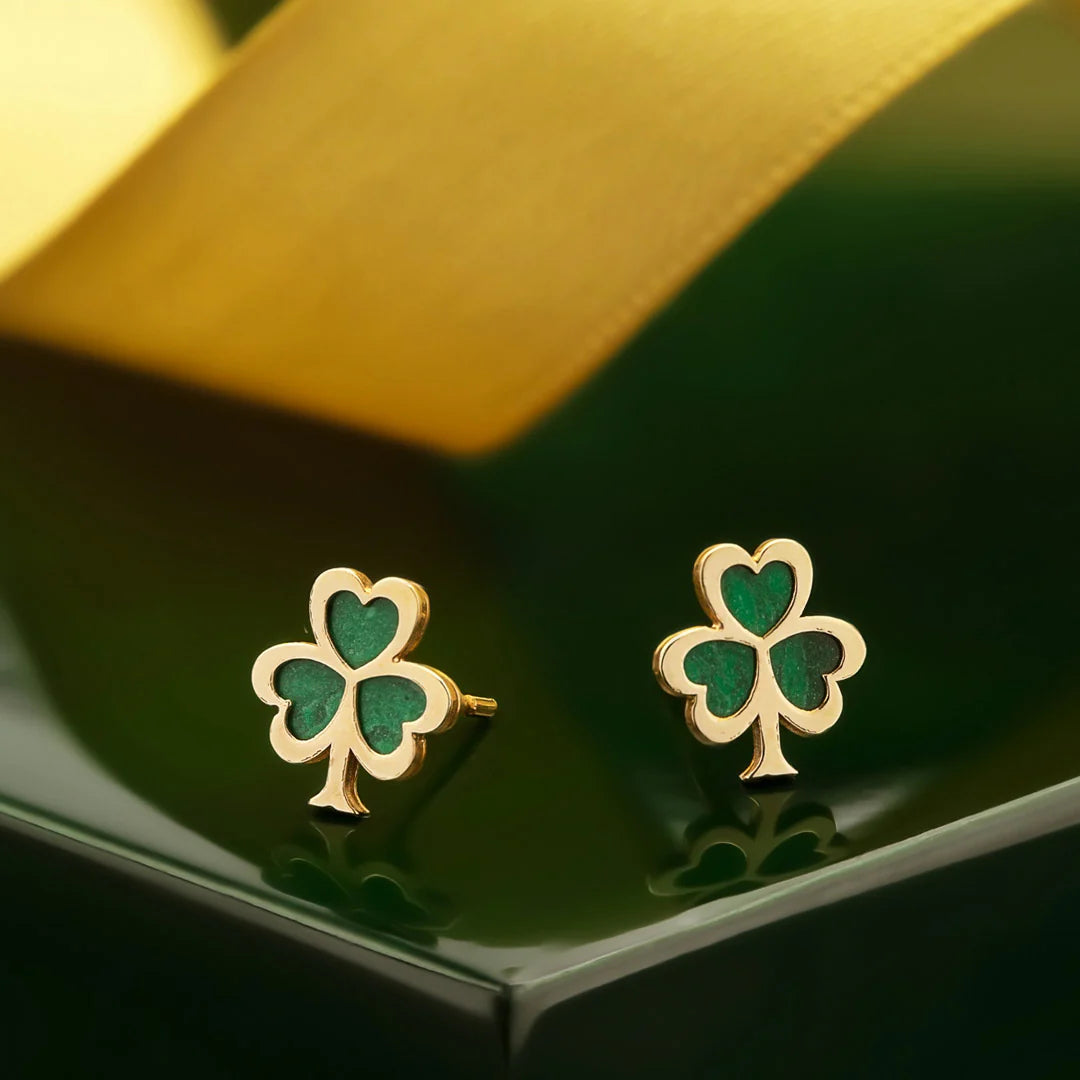 10K Gold Malachite Shamrock Stud Earrings