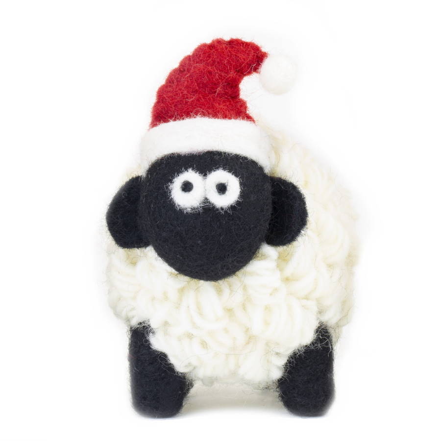 Knitted Sheep Collectible with Santa Hat Medium