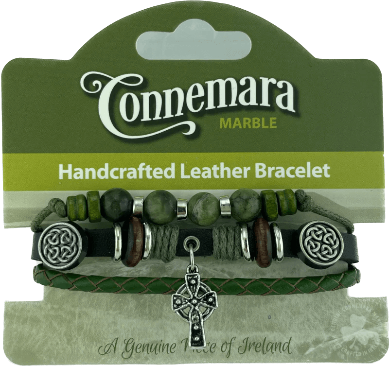 CELTIC CROSS CHARM LEATHER AND MARBLE HIPPY BRACELET