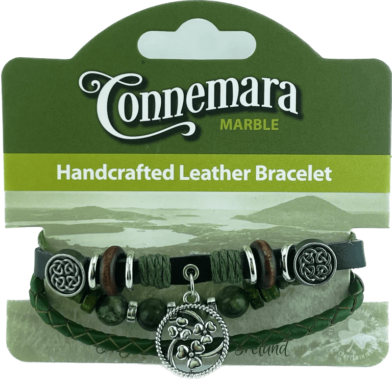 CONNEMARA MARBLE AND LEATHER HIPPY BRACELET WITH SHAMROCK CLUSTER CHARM