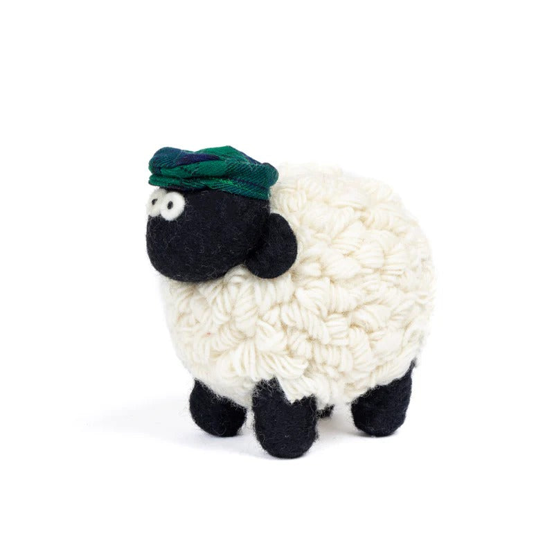 Knitted Sheep Collectible Mountain with Blue & Green Tartan Cap XLarge
