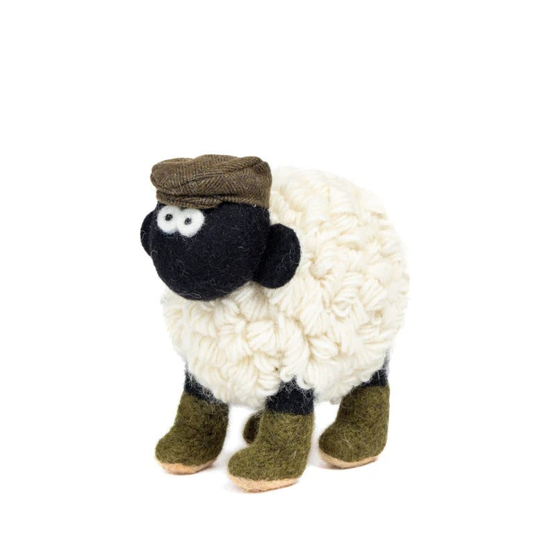 Knitted Sheep Collectible MBF w/ Boots & Flat Cap Green Large