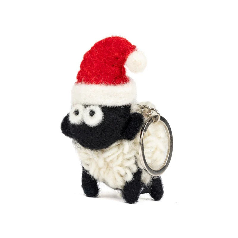 Knitted Sheep Keyring With Mountain Blackface w/Santa Hat