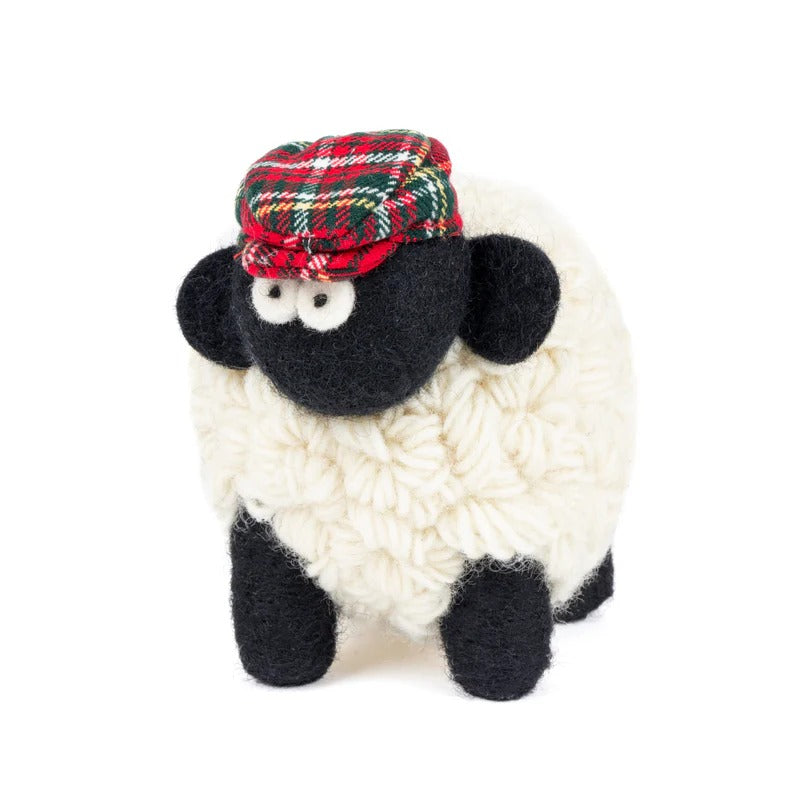 Knitted Sheep Collectible Mountain with Red Tartan Cap Large