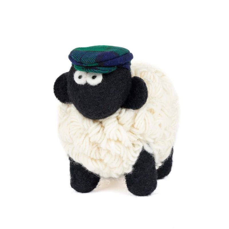 Knitted Sheep Collectible Mountain with Blue & Green Tartan Cap Large