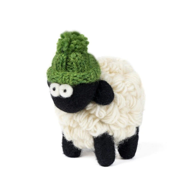 Knitted Sheep Collectible Mountain w/ Green Bobble Hat