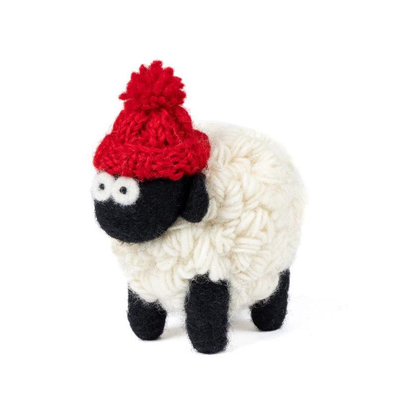 Knitted Sheep Collectible Mountain w/ Red Bobble Hat