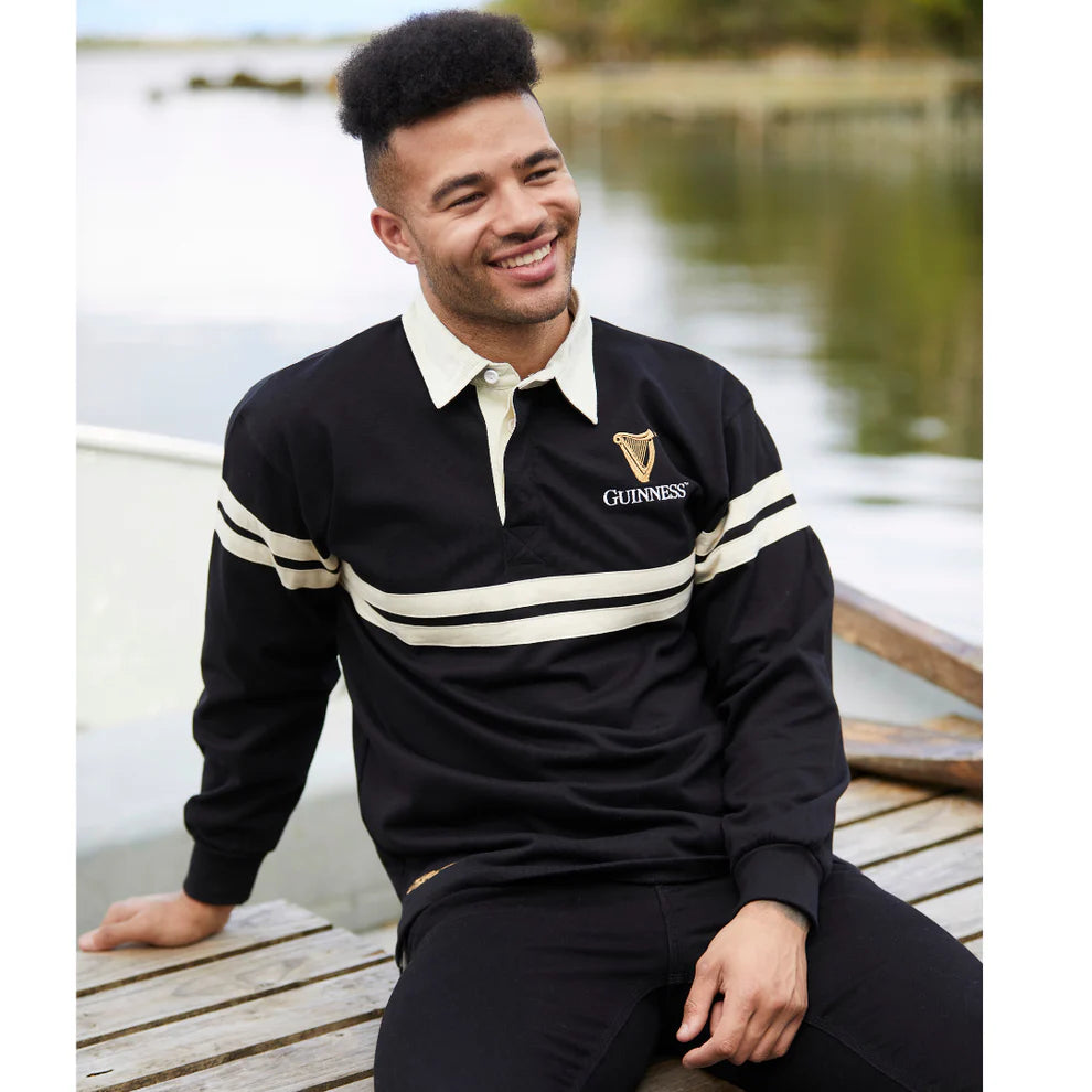 Guinness Harp Long Sleeve Rugby Shirt Cream and Black