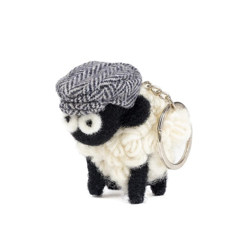 Knitted Sheep Keyring Mountain Blackface With Blue Tweed Flatcap