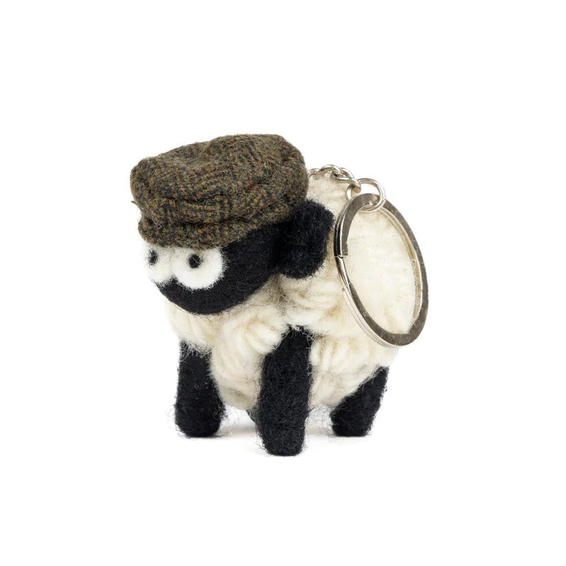 Knitted Sheep Keyring Mountain Blackface With Green Tweed Flatcap