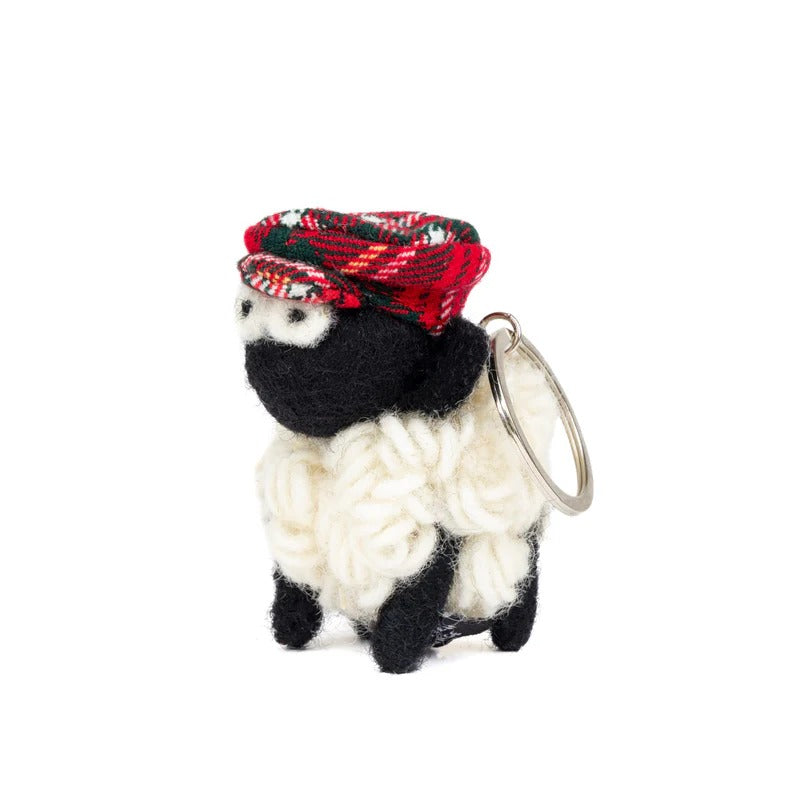 Knitted Sheep Keyring Mountain Blackface With Red Tartan Flatcap