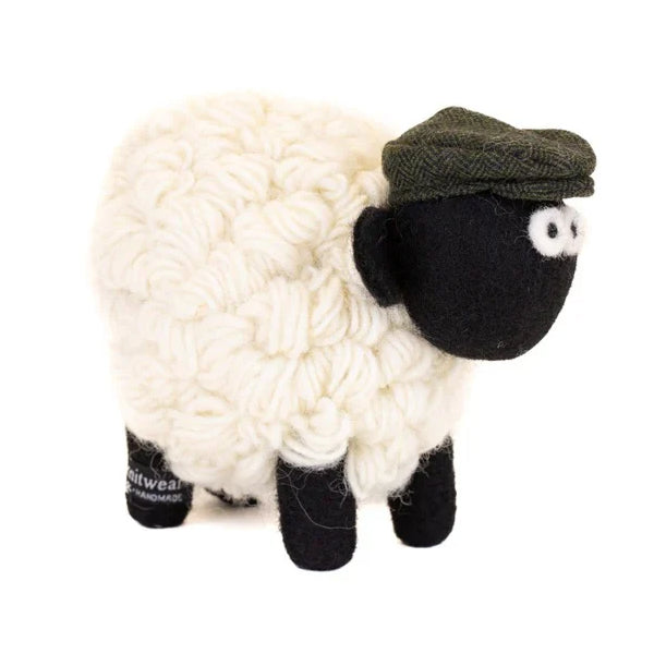 Knitted Sheep Collectible Mountain with Green Flat Cap Large