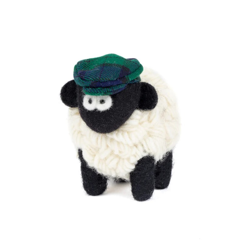 Knitted Sheep Collectible Mountain with Blue & Green Tartan Cap Medium