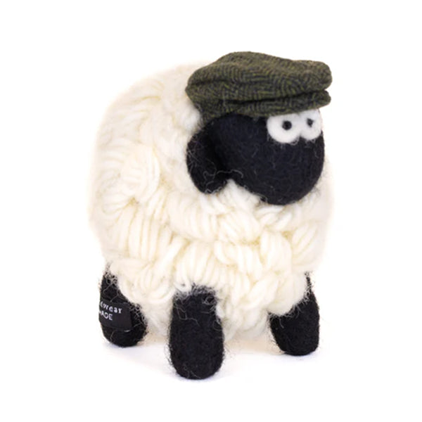 Knitted Sheep Collectible Mountain with Green Flat Cap Medium