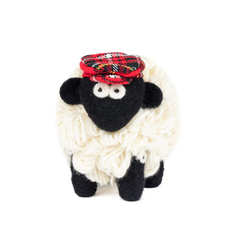 Knitted Sheep Collectible Mountain with Red Tartan Cap Medium