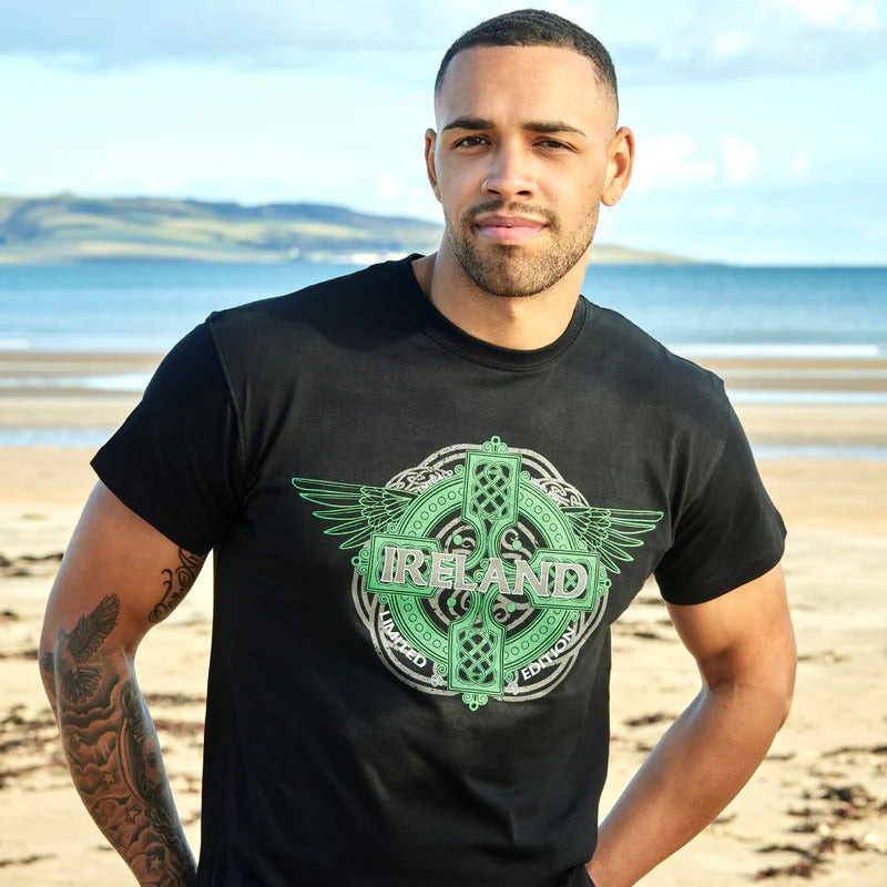 Unisex Black Ireland Celtic Cross & Wings Design T-shirt