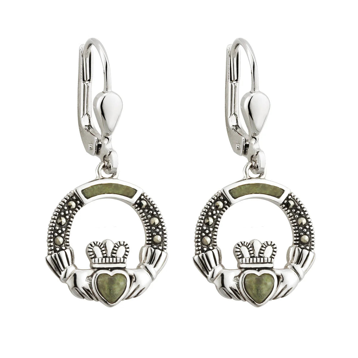 Marble & Marcasite Claddagh Drop Earrings