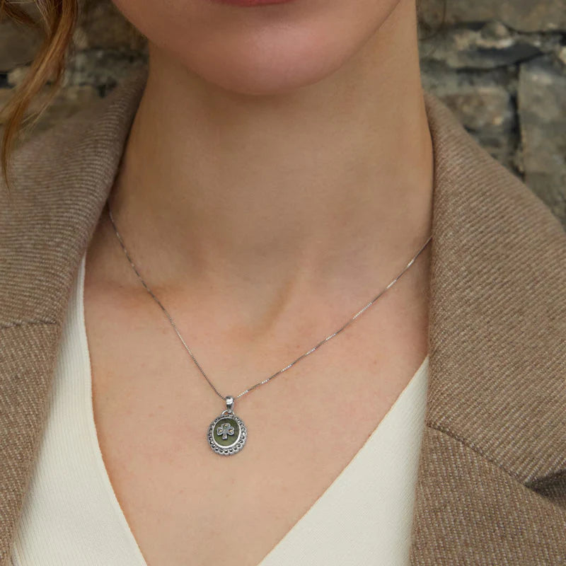 Connemara Marble & Marcasite Oval Shamrock Pendant