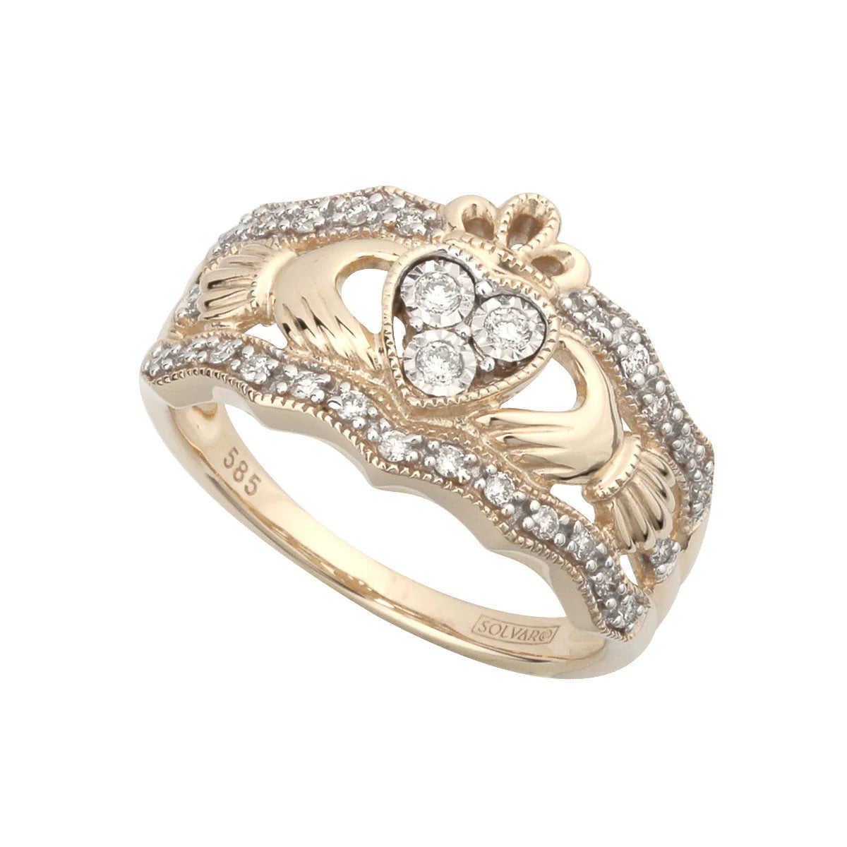 14K Gold Diamond Wide Claddagh Ring