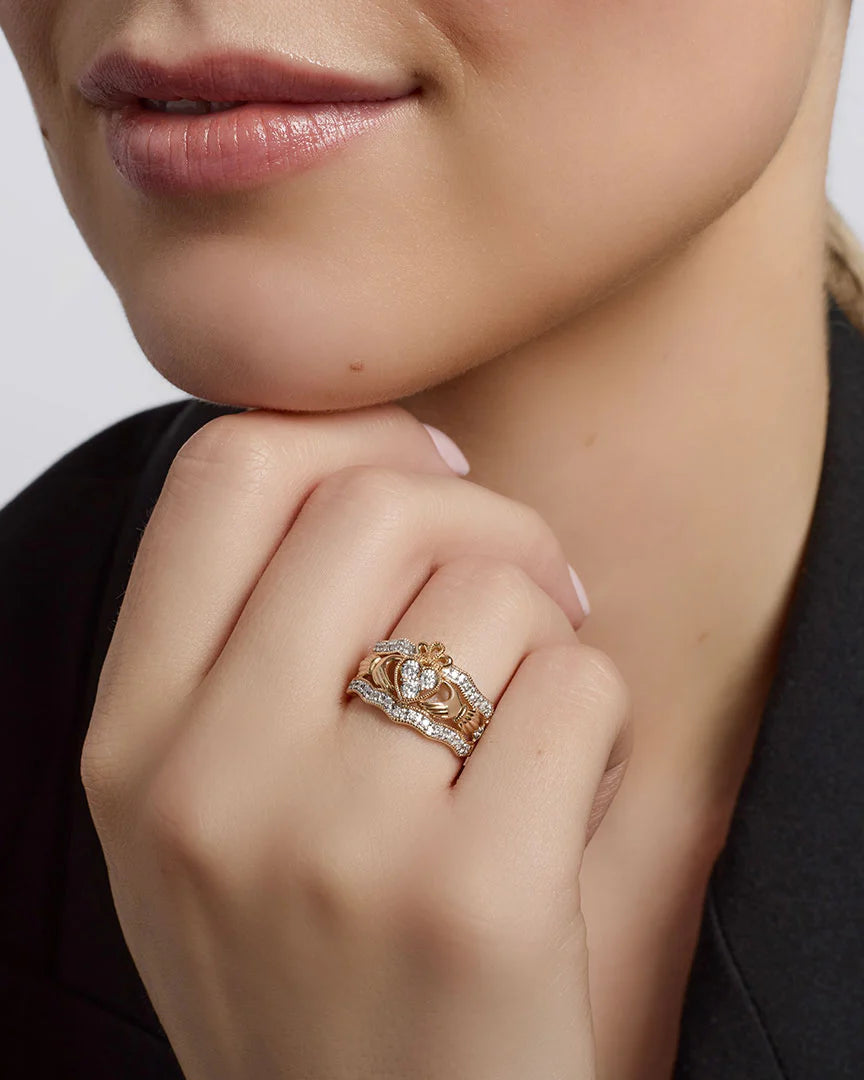 14K Gold Diamond Wide Claddagh Ring