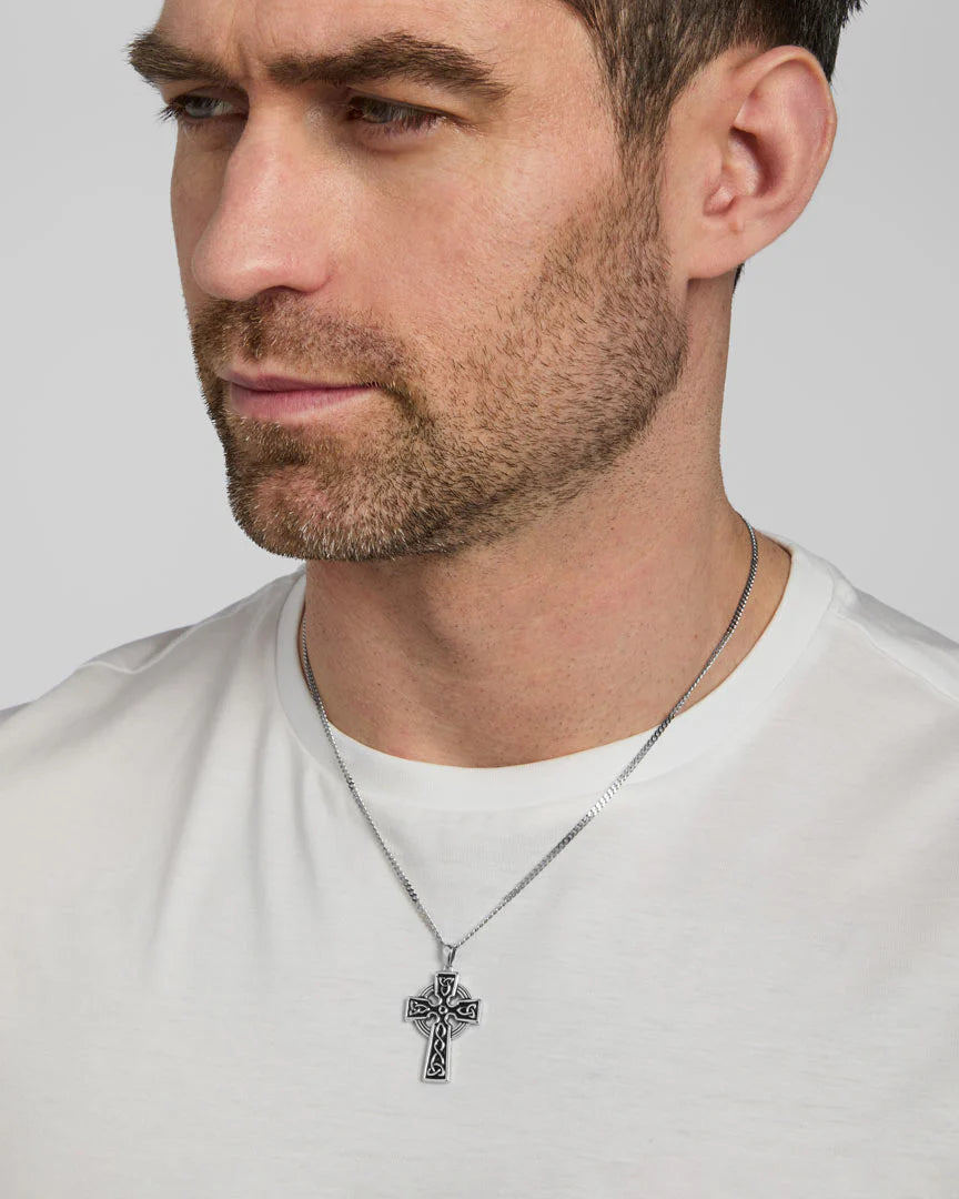 Silver Double Side Oxidised Cross On Steel Chain