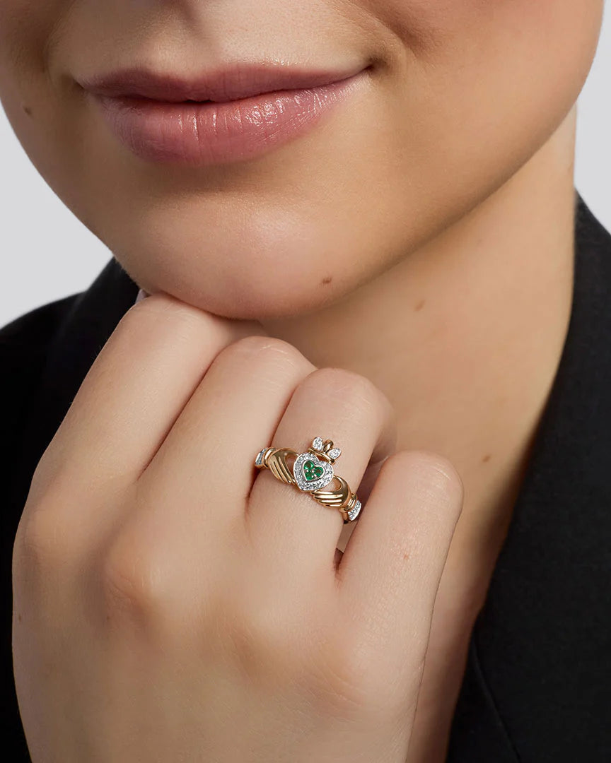 14K Gold Diamond & Emerald Set Claddagh Ring