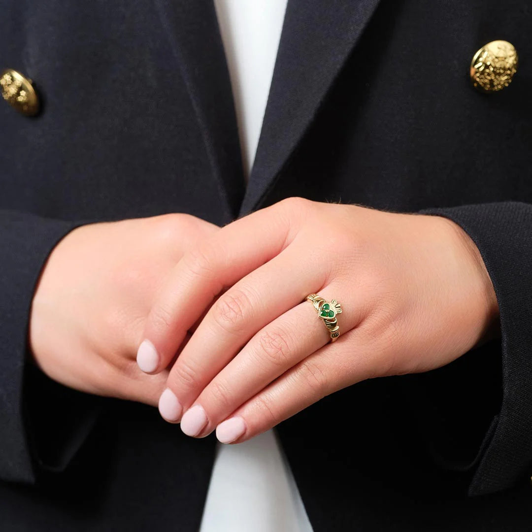 14K Gold Emerald Claddagh Ring