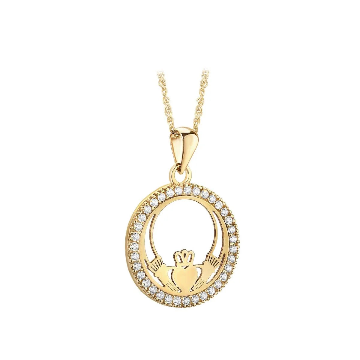 10K Gold Cz Round Claddagh Necklace