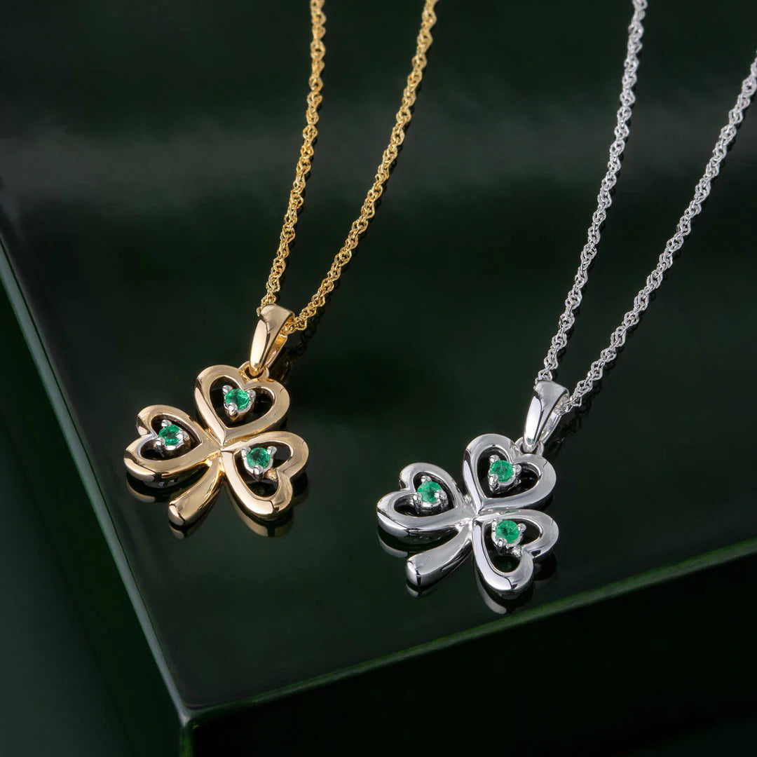 Three Emerald Gold Shamrock Necklace