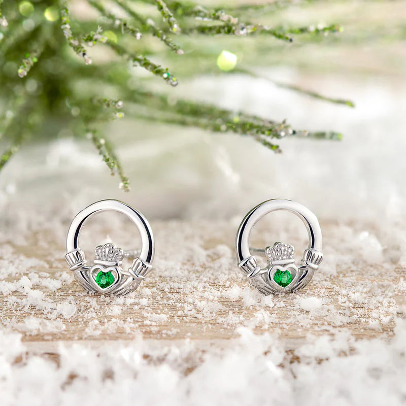 Green Crystal Claddagh Stud Earrings