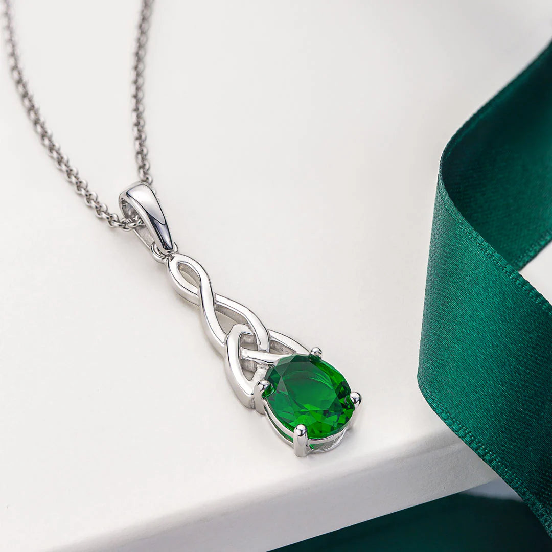 Sterling Silver Green Cz Trinity Knot Necklace