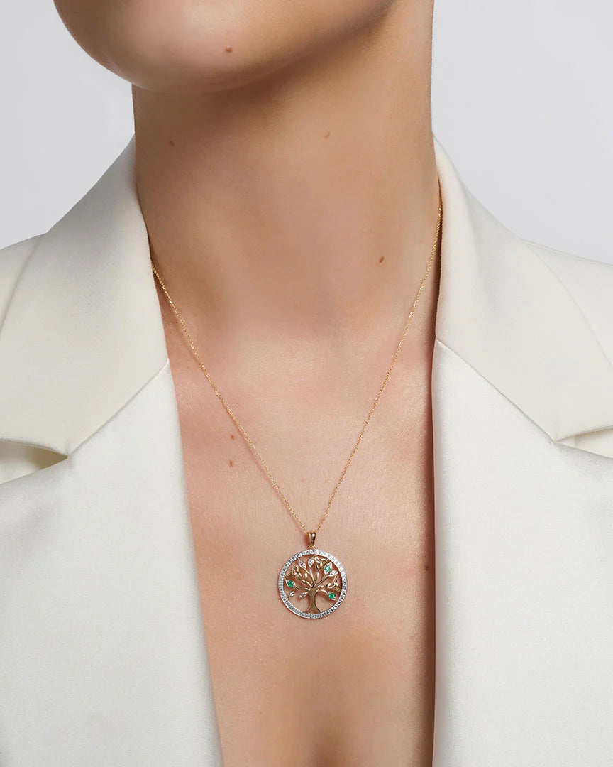 14K Gold Diamond & Emerald Irish Tree Of Life Necklace
