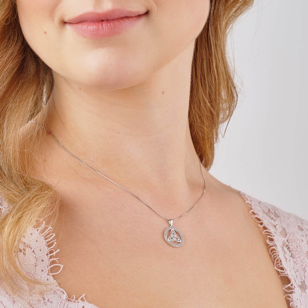 Sterling Silver Cz Round Trinity Knot Necklace